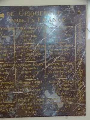 Plaque aux Morts de l'Église Notre-Dame-de-Lourdes à Criquebeuf-sur-Seine