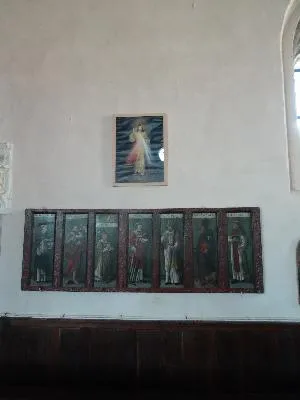 tableau (panneau peint) : Saint Pierre martyr, saint Jean-Baptiste, saint Etienne, saint Laurent, saint Claude, saint Antoine abbé, saint Fiacre