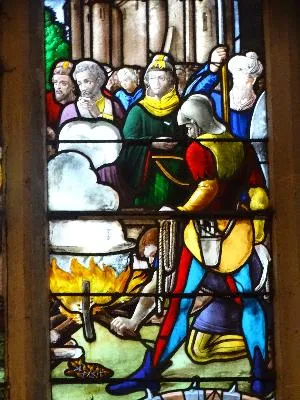 Vitrail Baie 1 : St-Quentin souffrit son second Martyre dans l'Église Saint-Quentin de Poses