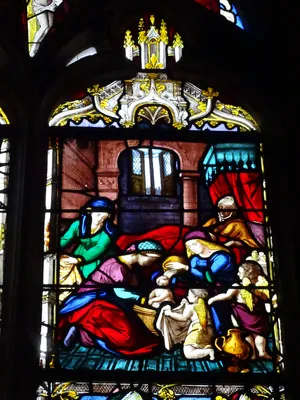 Vitrail Baie 18 : Vie de la Vierge, Saint-Nicolas et Saint-Martin dans l'Église Saint-Martin à Nonancourt