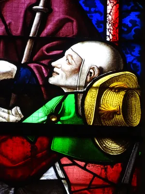 Vitrail Baie 108 : Pélerins d'Emmaüs - Incrédulité de St Thomas dans l'Église Saint-Martin à Nonancourt