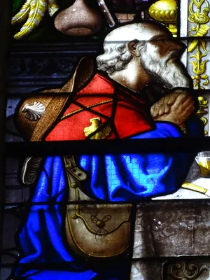 Vitrail Baie 108 : Pélerins d'Emmaüs - Incrédulité de St Thomas dans l'Église Saint-Martin à Nonancourt