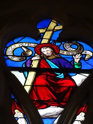 Vitrail Baie 108 : Pélerins d'Emmaüs - Incrédulité de St Thomas dans l'Église Saint-Martin à Nonancourt