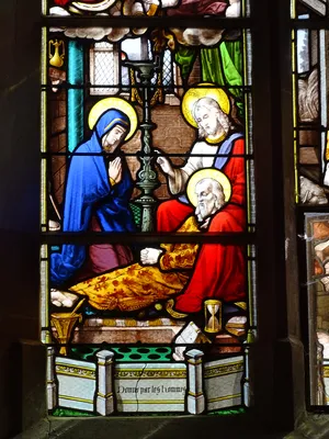 Vitrail Baie 6 : Dormition de la Sainte Vierge, L'Adoration des bergers dans l'Église Saint-Germain à Heuqueville