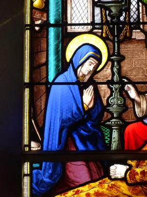 Vitrail Baie 6 : Dormition de la Sainte Vierge, L'Adoration des bergers dans l'Église Saint-Germain à Heuqueville