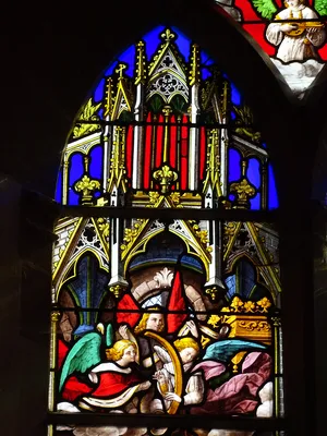Vitrail Baie 6 : Dormition de la Sainte Vierge, L'Adoration des bergers dans l'Église Saint-Germain à Heuqueville