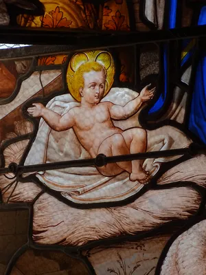 Vitrail Baie 6 : Dormition de la Sainte Vierge, L'Adoration des bergers dans l'Église Saint-Germain à Heuqueville