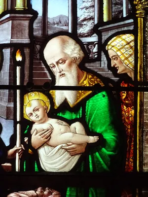 Vitrail Baie 7 : La Présentation au Temple, L'Assomption de la Vierge dans l'Église Saint-Germain à Heuqueville