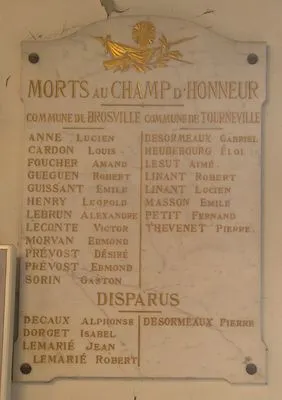 Plaque commémorative de l'église 1914-1918 de Brosville