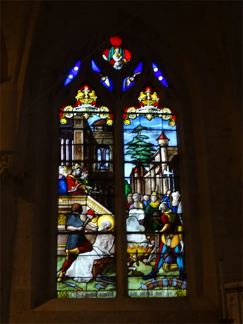 Vitrail Baie 1 : St-Quentin souffrit son second Martyre dans l'Église Saint-Quentin de Poses