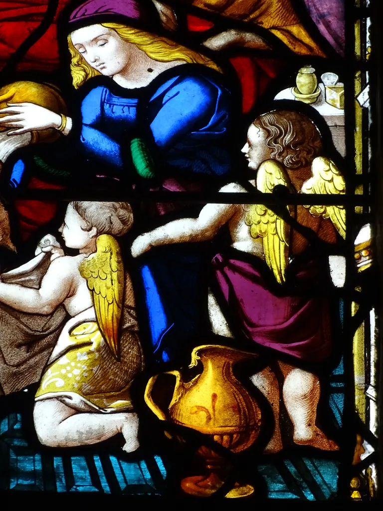 Vitrail Baie 18 : Vie de la Vierge, Saint-Nicolas et Saint-Martin dans l'Église Saint-Martin à Nonancourt