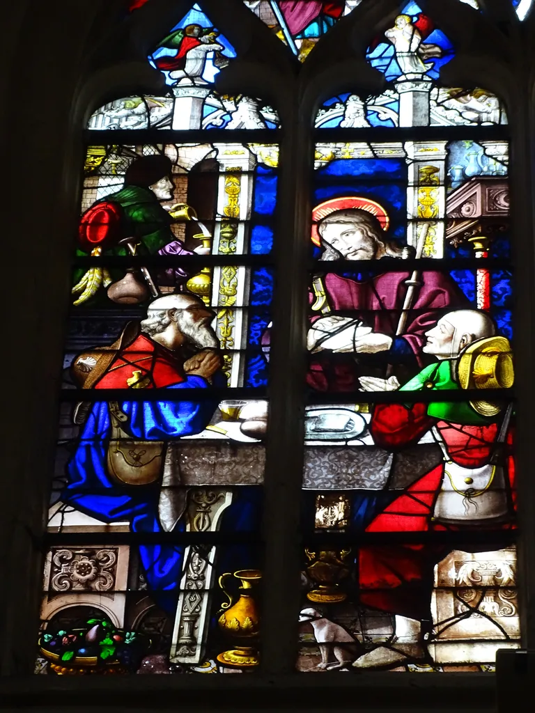 Vitrail Baie 108 : Pélerins d'Emmaüs - Incrédulité de St Thomas dans l'Église Saint-Martin à Nonancourt