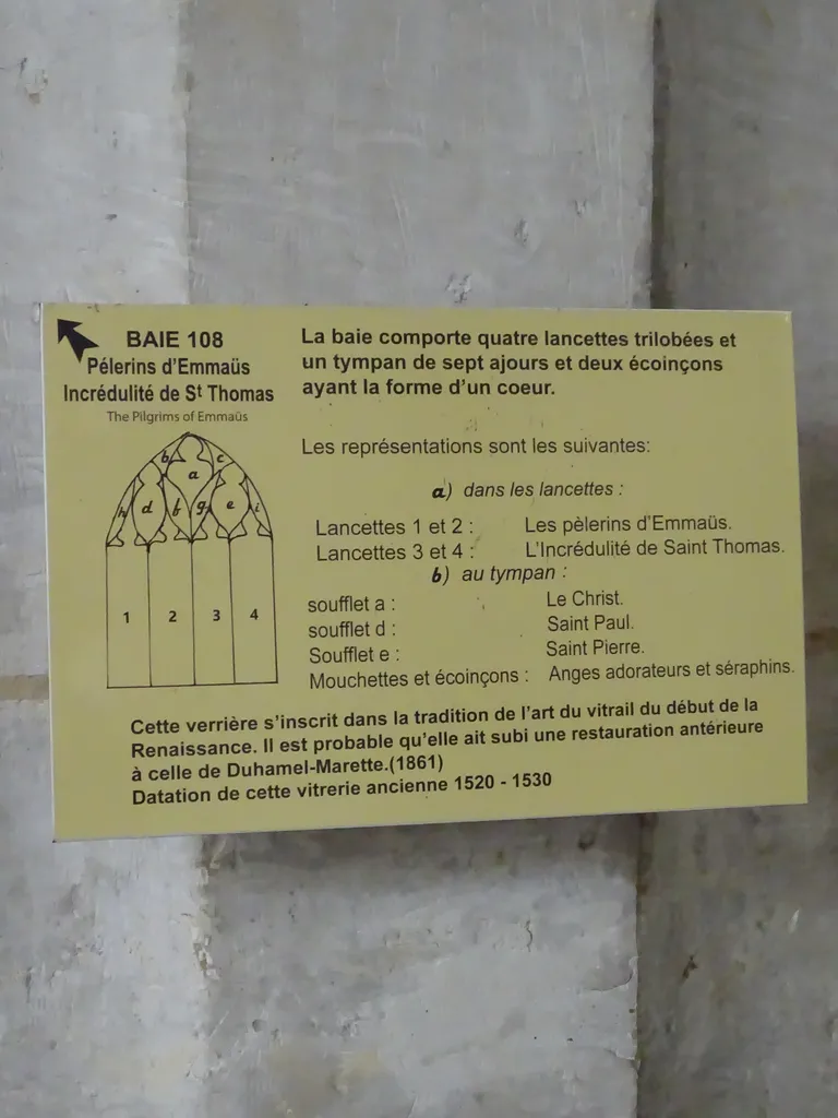 Vitrail Baie 108 : Pélerins d'Emmaüs - Incrédulité de St Thomas dans l'Église Saint-Martin à Nonancourt