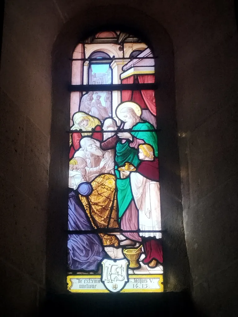 Vitrail Baie 8 : Sacrement de l'extrème onction dans l'Église Saint-Ouen à Routot