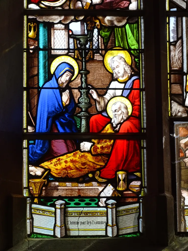 Vitrail Baie 6 : Dormition de la Sainte Vierge, L'Adoration des bergers dans l'Église Saint-Germain à Heuqueville