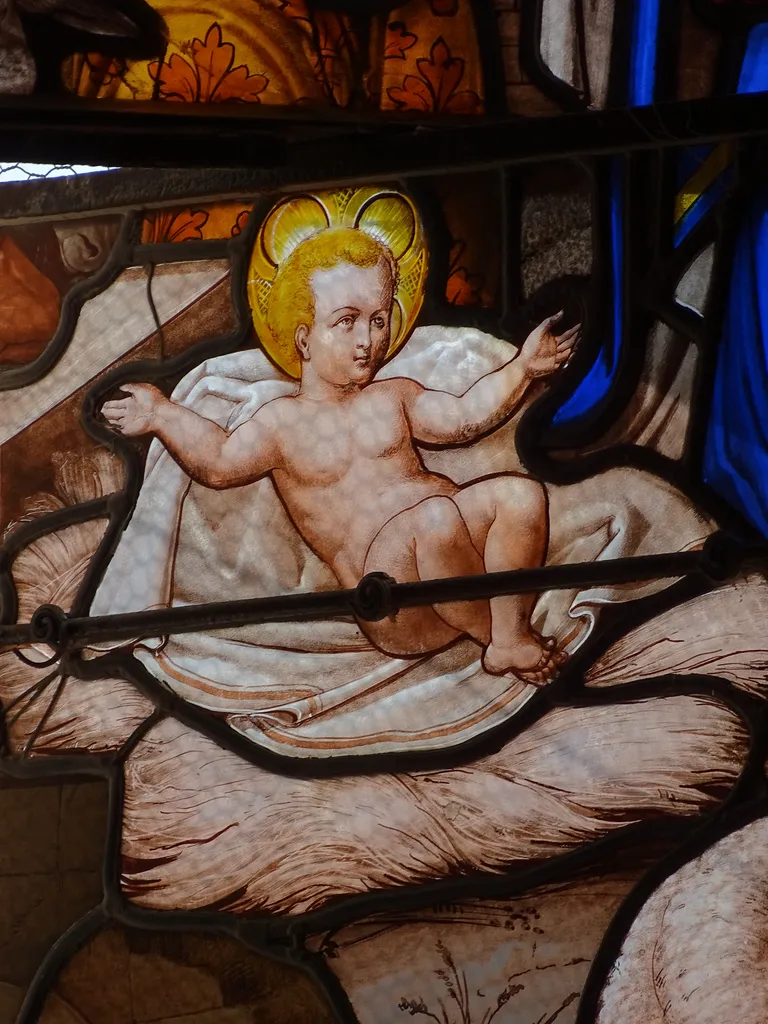 Vitrail Baie 6 : Dormition de la Sainte Vierge, L'Adoration des bergers dans l'Église Saint-Germain à Heuqueville